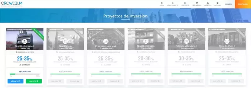 Captura de pantalla de la web de Crowdium mostrando sus oportunidades de inversión en crowdfunding inmobiliario en Argentina